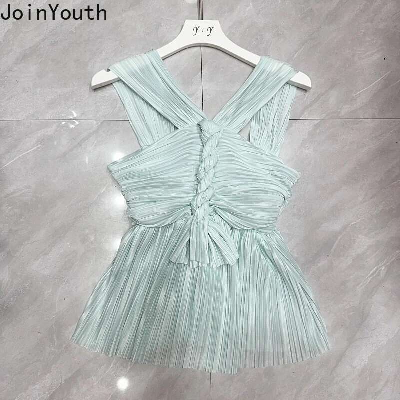 Satin Pleated Sling Vest Women Clothes Slim Fit Sleeveless Temperament Tops Korean Tees Chic Summer Tanks Backless Folds Camis