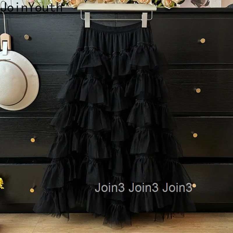 Sweet Summer Long Skirts Women 2025 Faldas Mujer De Moda High Waist A-line Jupe Ruffles Folds Skirts Patchwork Gauze Korean Saia