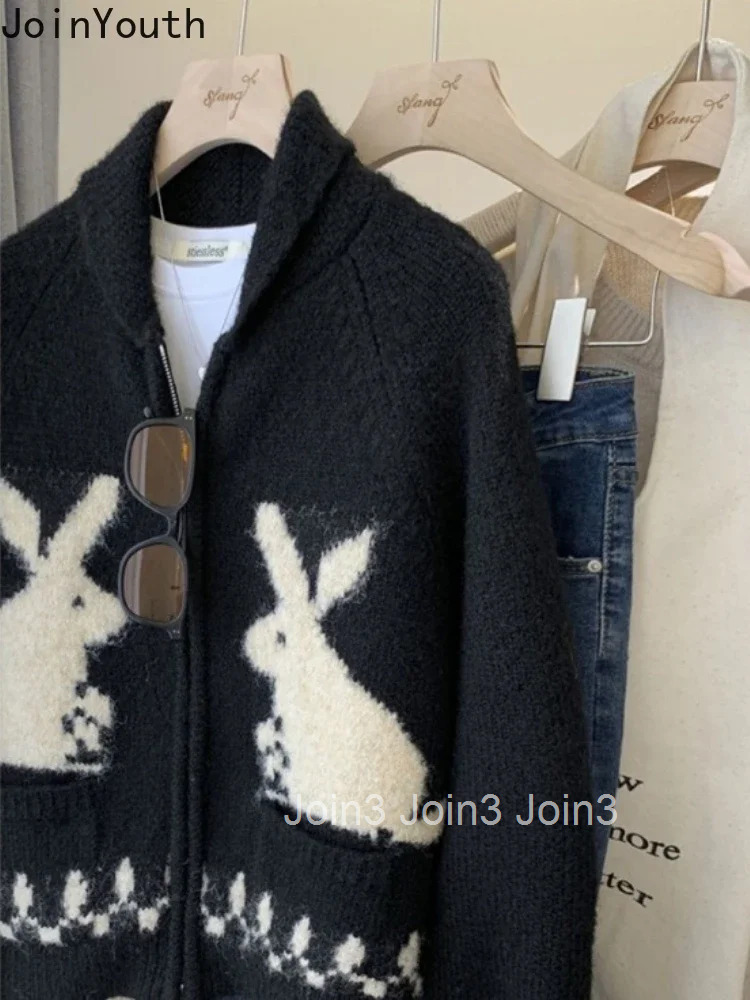 Rabbit Print Black Cardigan Women Thicked Casual Pull Femme Korean Fashion Sueter Mujer Hooded Zipper Knitted Sweater Jackets