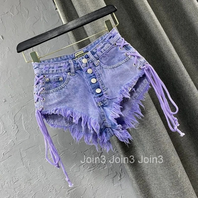 Single Breasted Denim Shorts Women 2025 New Bottoms Bandage Chic Tassel Y2k Wide Leg Shorts Summer Pantalones Cortos De Mujer