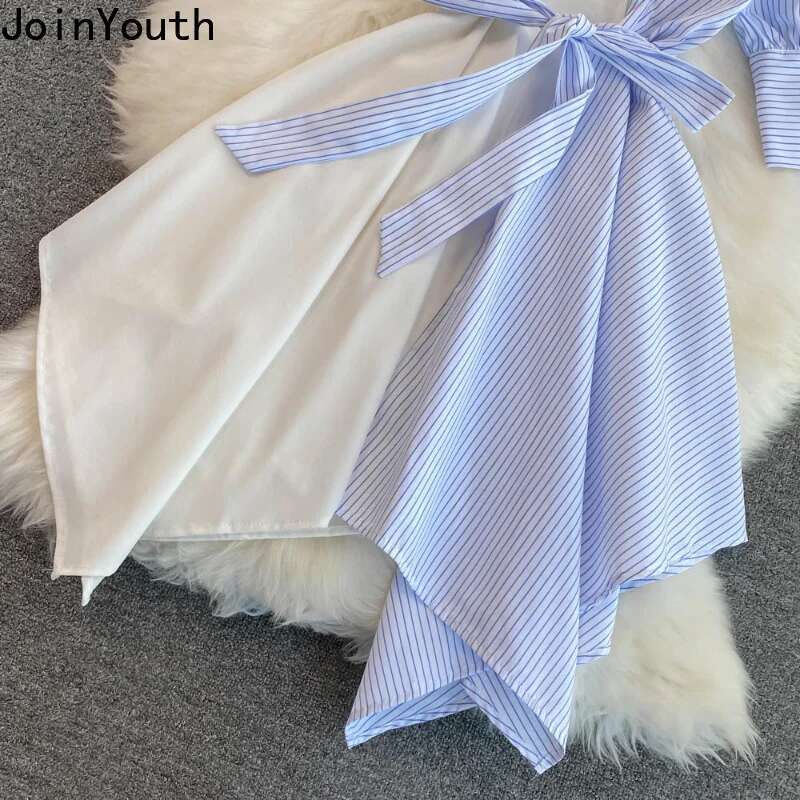 Striped Women Dress Fashion Summer Patchwork Dresses Korean Irregular Long Robe Shirt Dress Elegant Bandage Femme Vestidos