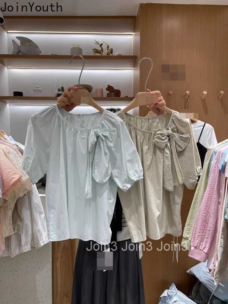 Summer Blouse for Women Short Sleeve O-neck Vintage Shirts 2025 Blusas Mujer De Moda Bandage Bow Loose Sweet Blouses Tops 27w498