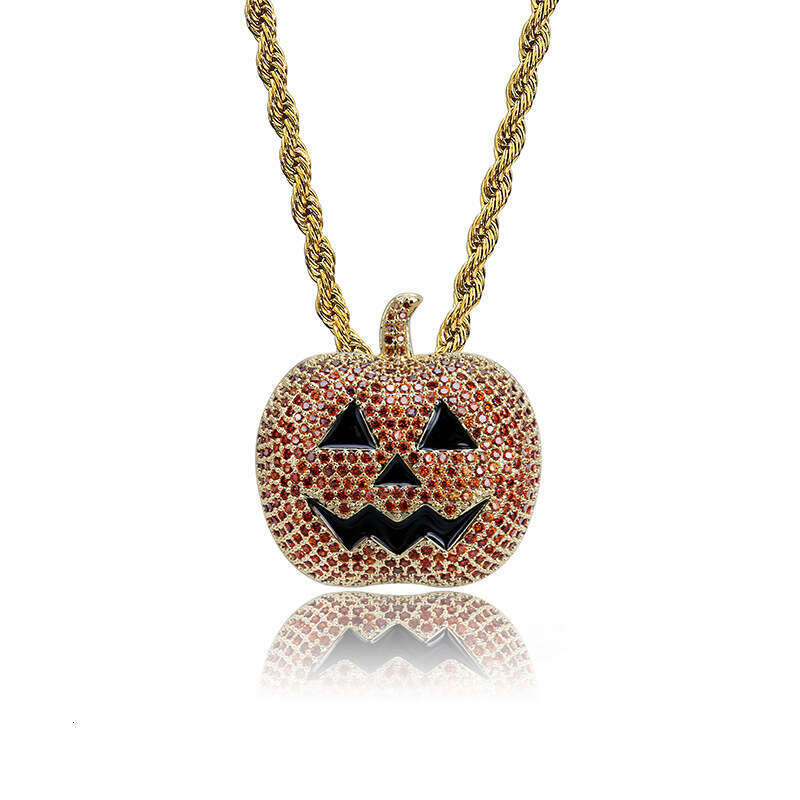 Hip Hop Halloween Decoration Pumpkin Lantern Personality Pendant Micro Inlaid Zircon Unisex Trendy Necklace