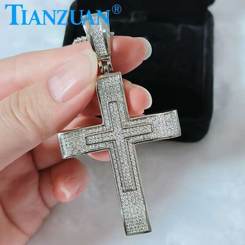 34x73mmTrendy Full Moissanite Cross Pendant Necklace for Women Men Fashion Necklace Jewelry Party Daily Accessories Fine Jewelry