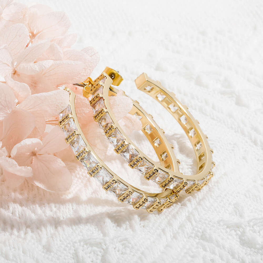 Star Style C-Shaped Simple Super Shiny Square Dia Elegant Trendy Hoop Fashion Socialite Gold Australian Earrings