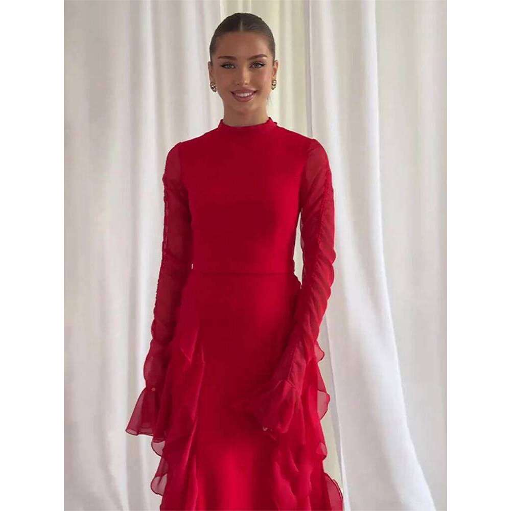 Solid Side Ruffle Women Long Dresses Elegant O Neck Butterfly Sleeve Female Dress 2024 New Chic Autumn Evening Party Muslim Robe