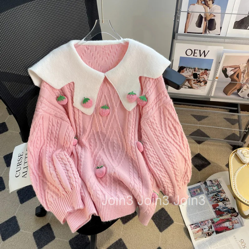 Japanese Sweet Pullover Womens Clothing Cute Peter Pan Collar 3D Strawberry Jumper Fashion Pink Knitted Sweater 2025 Ropa Mujer