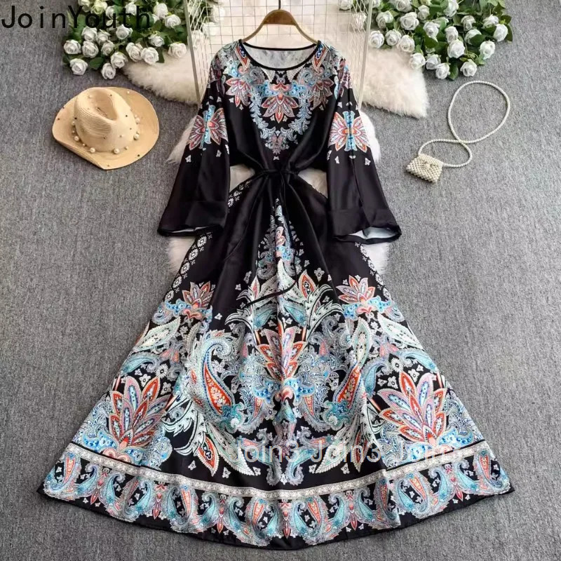 Floral Womens Dress Flare Sleeve Badnage Slim Waist Robe Femme 2025 Vestidos De Mujer Summer Elegant Big Swing Maxi Dresses