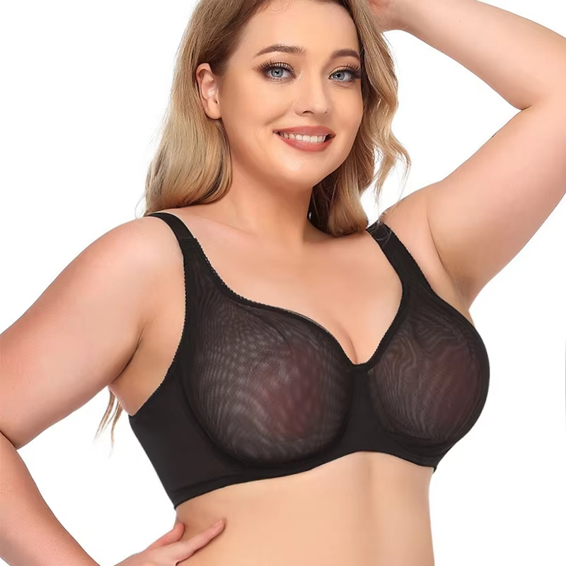 Plus Size Women's Bra Cup Sheer Mesh Underwear Sexy Transparent Lace Bralette No Wire Bra for Daily Wear Sexy Ultra-thin Bra Plus Size Underwear 