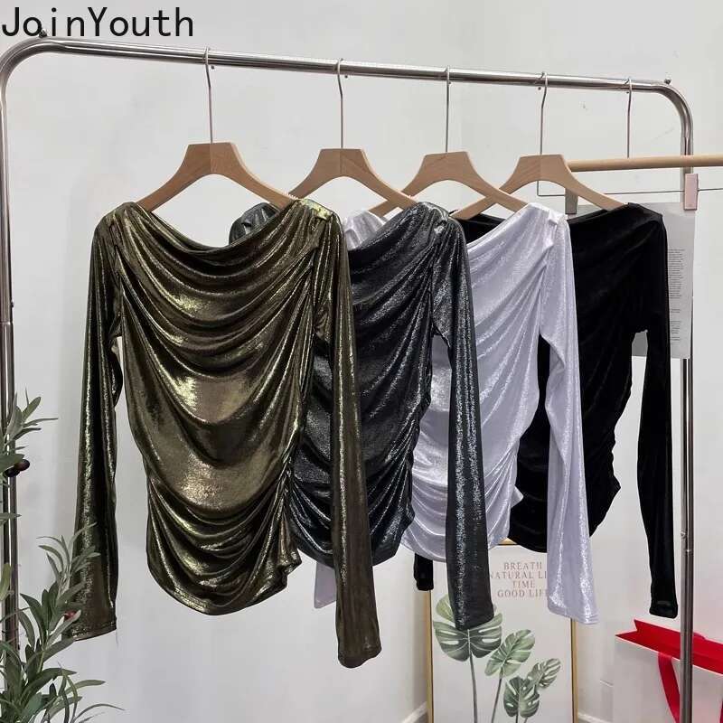 Temperament Tops Women Clothing Long Sleeve Slash Neck Tshirts Folds Slim Fit Camisetas 2025 Ropa Mujer Fashion Sexy T-shirts