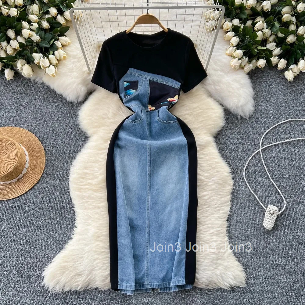 Summer Y2k Dresses for Womens O Neck Half Sleeve Casual Korean Femme Robe High Waist Slim Fit Patchwork Denim Fashion Dress