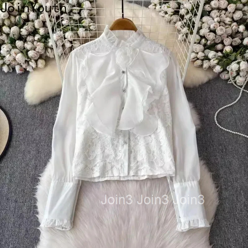 2025 Camisas De Mujer Lace Blouses for Women Stand Neck 3D Floral Shirts Temperament Lady Tops Sweet Ruffles Vintage Chic Blouse