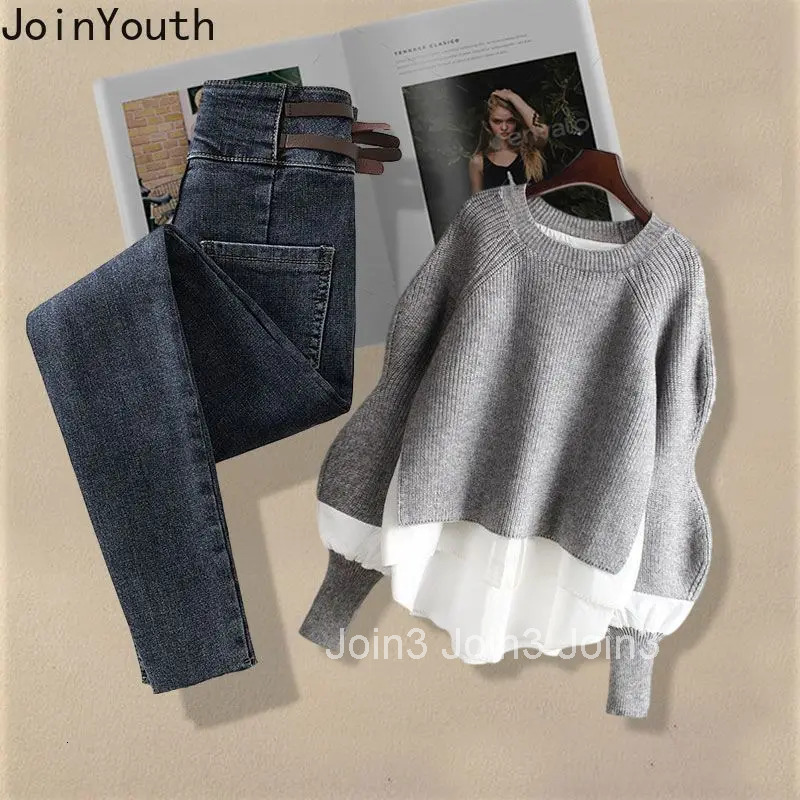 Fall Winter Clothes Fashion Two Piece Sets Women Patchwork Knit Pullovers Slim Fit Denim Pants Outfits Casual Korean Y2k Suit