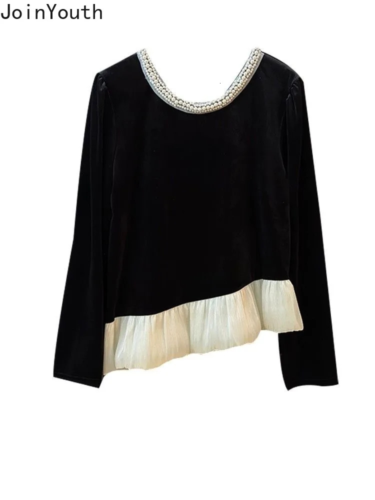 Heavy Beading O-neck Blouse Women Clothing Patchwork Velvet Shirts Crop Tops 2025 Camisas De Mujer Chic Irregular Black Blouses