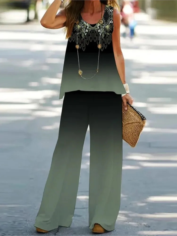 Color Print Pants Sets Women Sleeveless T Shirt Loose Wide Legs Trousers Two Piece Set Fashion Casual Vintage Lady 2 Piece Suit 250617