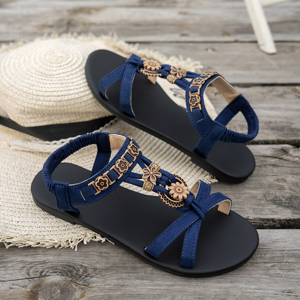 Luxury Brand Designer Shoes Sandals Cross-Border Flat Fashion Plus Size Sandals For Women 2025 Summer New Bohemian Casual Elastic Strap Beach Sandals
