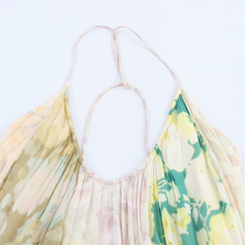 2025 Spring/Summer New Casual Women's Flower Printed Patchtop Dress with Strap and Bareback Decoration