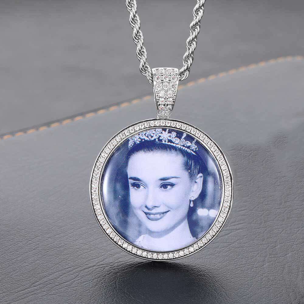 Hip Hop Jewelry Side Dia Round Photo Pendant Personality Micro Paved Zircon Memory Frame Necklace 3e5b