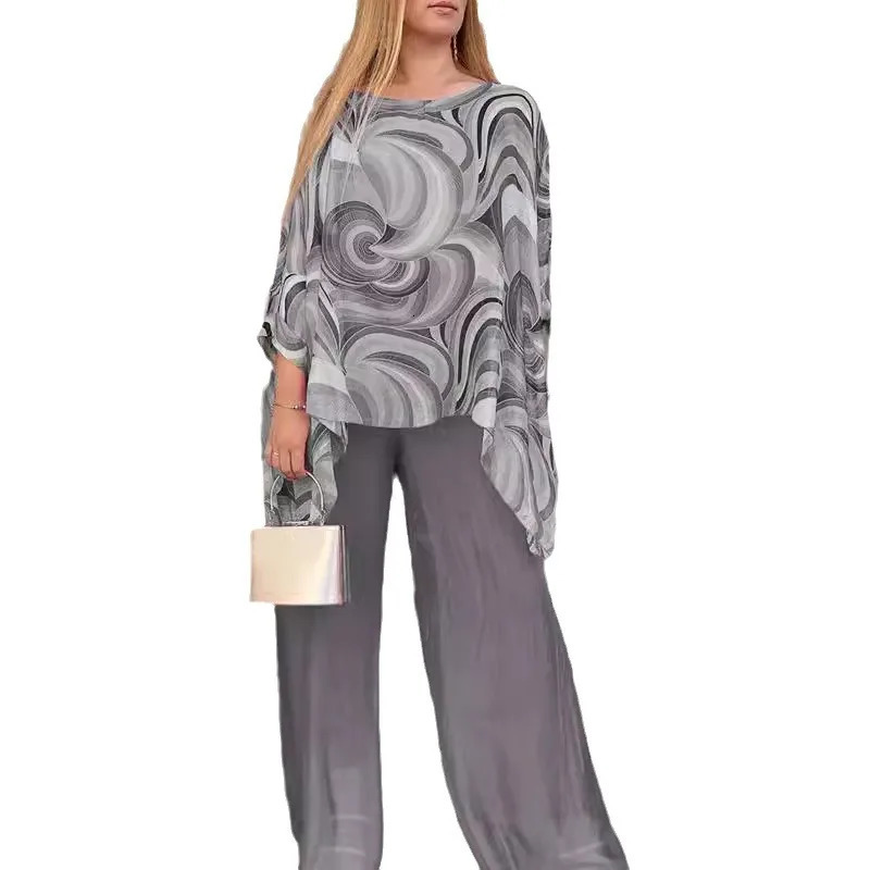 Colorful Pattern Printed Chiffon Outfits Long Sleeve Loose Top And Wide Leg Pants Set Women Elegant Two Piece Set Fashion Suits 250617