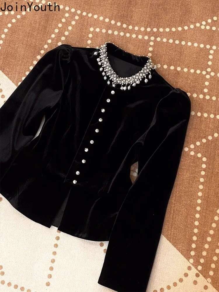 Blouses for Women Black Heavy Beading O-neck Puff Sleeve Shirts 2025 Blusas Mujer De Moda Slim Fit Velvet Vintage Blouse Tops