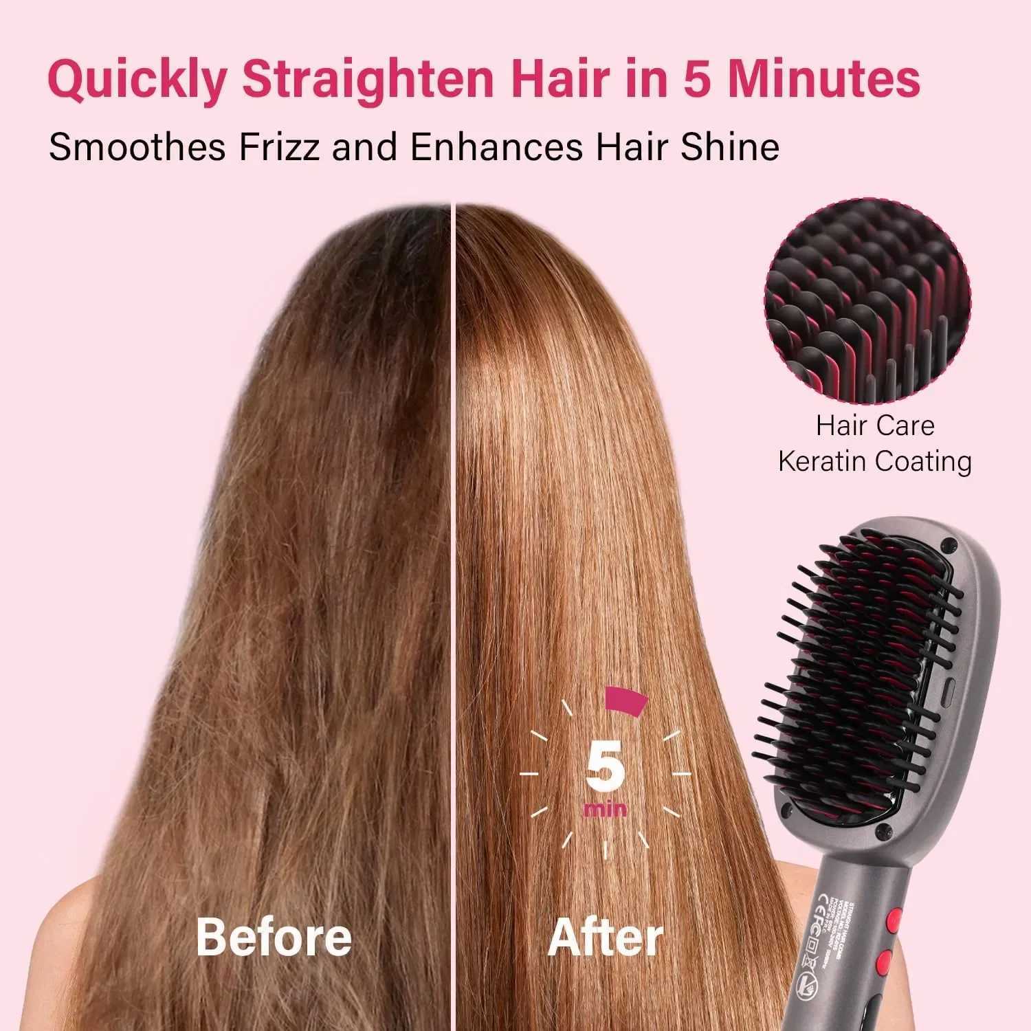 Hair Straightener Brush With Keratin Ceramic Coating Negative Ion Straightening Brush Dual Voltage Hot-air Hair Brush - BlackXJ250621