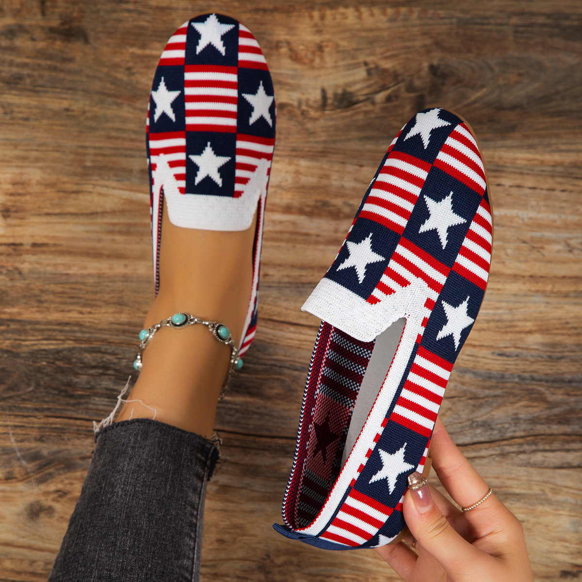 Luxury Brand Designer Shoes Sandals Foreign Trade Cross-Border Plus Size Women's Shoes Striped Star Wish Amazon New Slip-On Casual Women's S