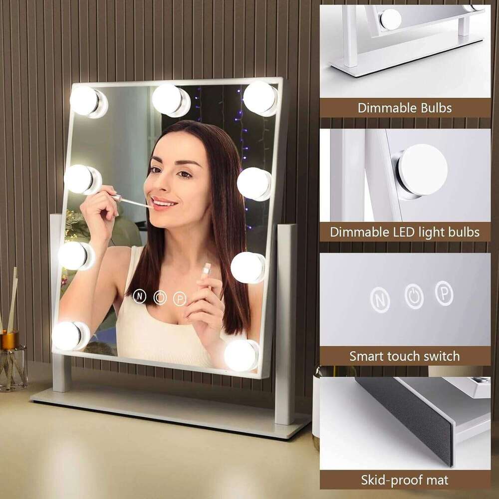 Vanity Lights Hollywood Makeup Mirror With 9 LED Bulbs 3 Color Lighting 360°Rotation For Dressing Room & Bedroom
