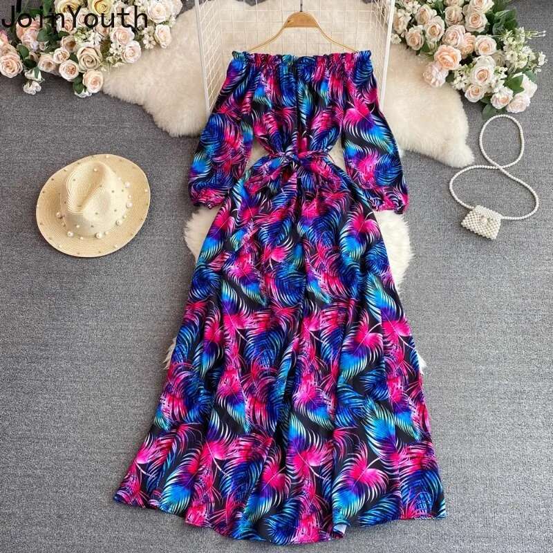 2025 Vestidos De Mujer Elegant Dresses for Women Slim Waist Slash Neck Floral A-line Robe Femme Off Shoulder Summer Chic Dress
