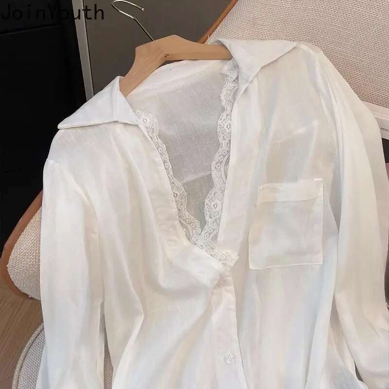 Temperament Tops White Blouses Women Clorhing 2025 Blusas Mujer De Moda Fake Two Shirts Patchwork Lace Simple Oversized Blouse