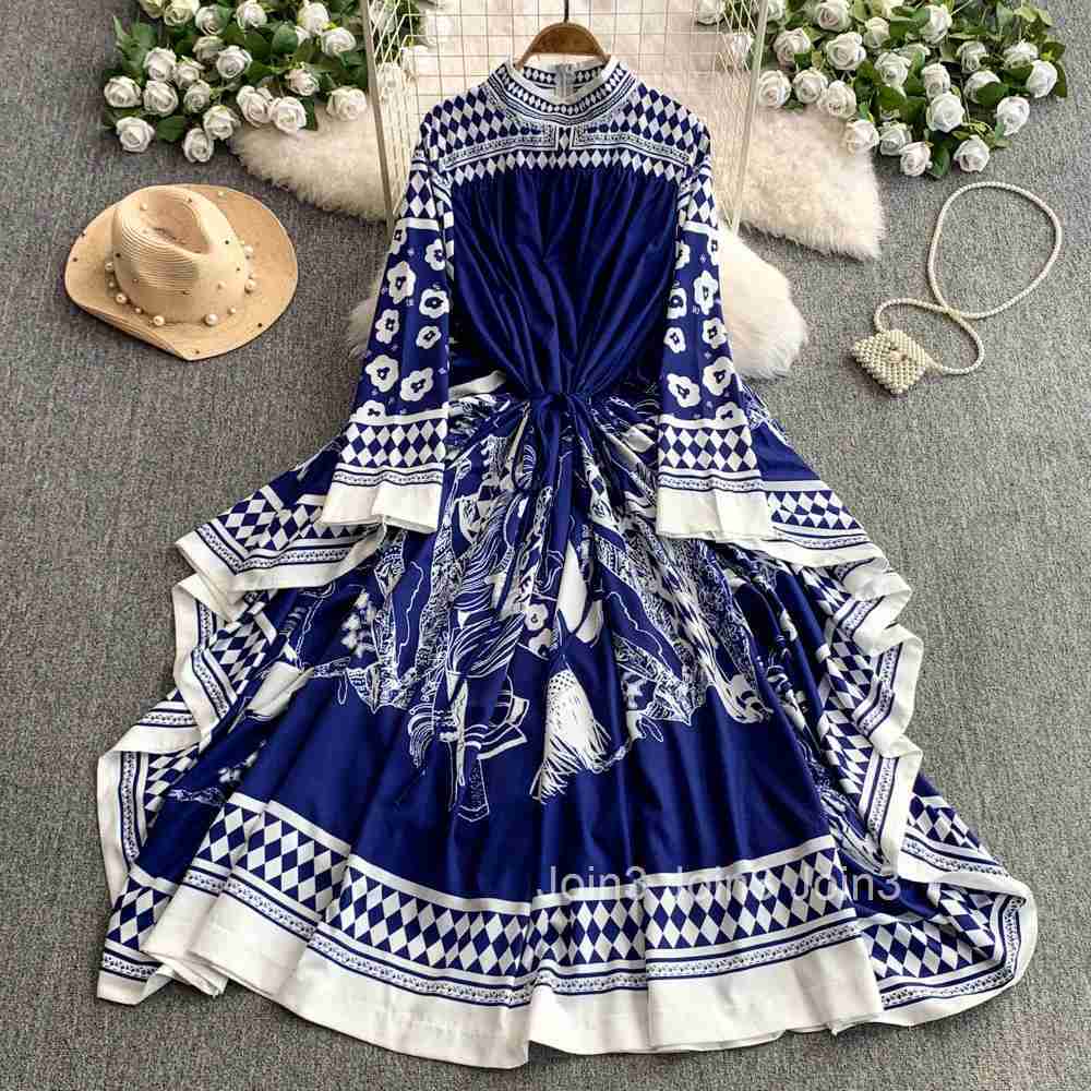2025 Vestidos De Mujer Maxi Dresses for Womens Stand Neck Floral Print Elegant Summer Dress Loose Vintage Korean Robe Femme