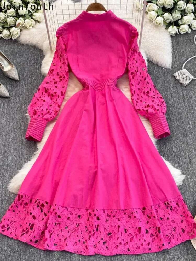 Maxi Dresses for Women Lace Hollow Out Single Breasted A-line Robe Femme Lantern Sleeve Vintage Summer Dress Vestidos De Mujer