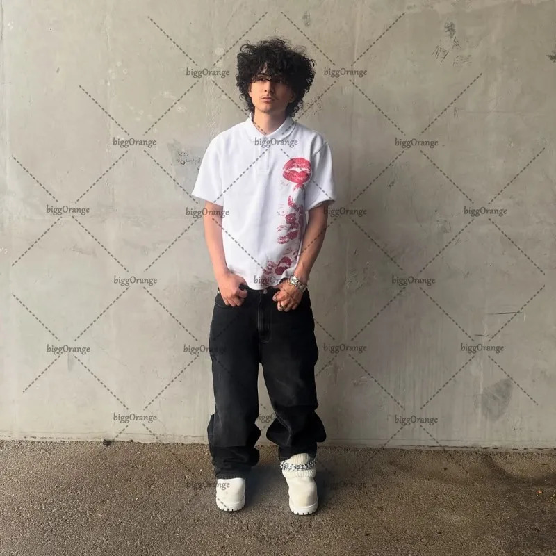 Retro Harajuku Goth Punk Oversized Cotton Lapel T-shirt Men Y2k Summer Streetwear American Hip-hop Casual Trendy Polo Shirt 250617