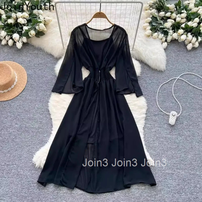 Dress for Women 2 Piece Set Flare Sleeve Floral Chiffon Dresses 2025 Vestidos De Mujer Vintage High Waist Temperament Robe Femme