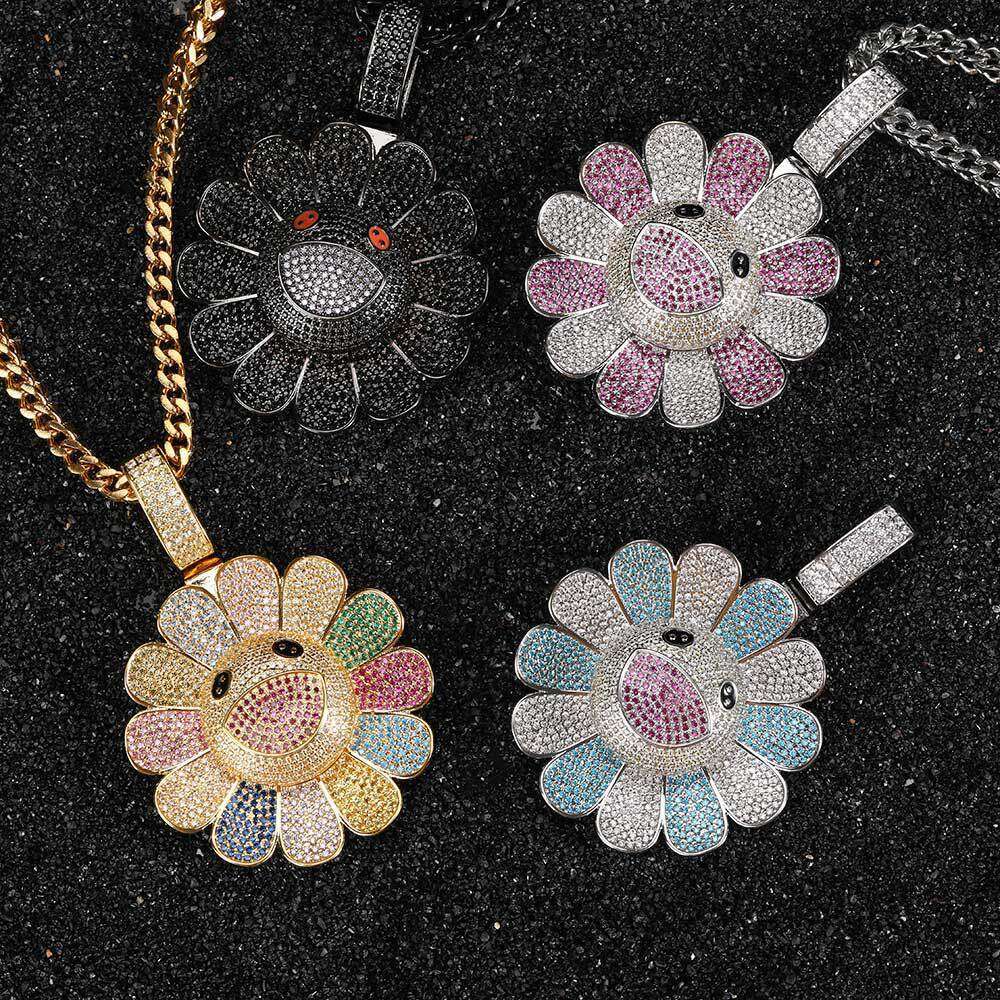 Copper Inlaid Zircon Rotatable Murakami Suower Pendant Real Gold Plated Trendy Hip Hop Necklace 9ece