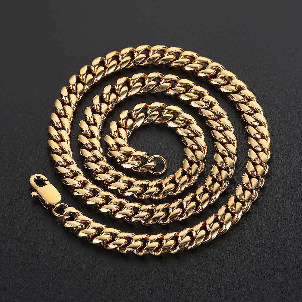 Hip Hop Stainless Titanium Steel Jewelry Encrypted D-Shaped Buckle Cuban Chain Gold Men's Necklace ca96