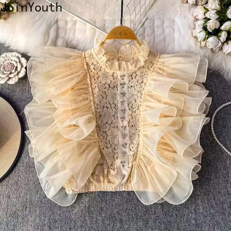 Camisas De Mujer Summer Blouses 2025 Womens Clothing Stand Neck Patchwork Lace Ruffles Shirts Temperament Korean Blouse Tops