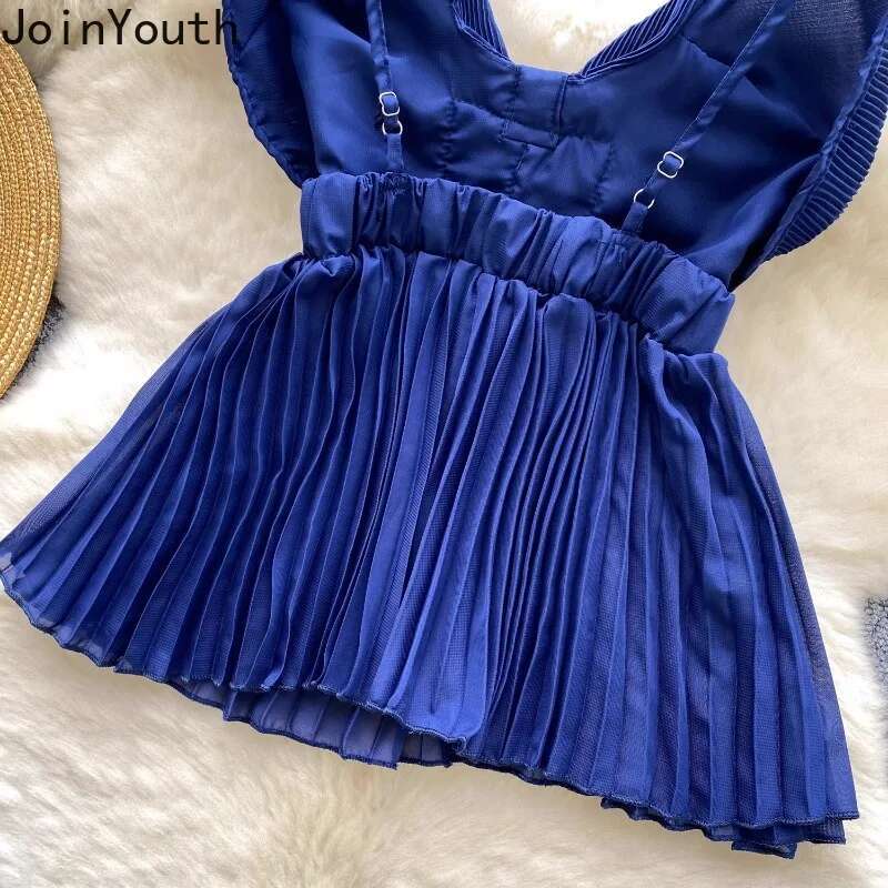 Temperament Vest Womens Clothing Slim Waist Backless Folds Tees Korean Sexy Camis Summer Heavy Diamond Pleated Tanks Ropa Mujer