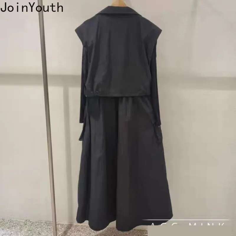 Dresses Suit Women Two Piece Set Long Sleeve Drawstring Patchwork Knit Dress Sleeveless Casual Vest Coat Outfits Chic Y2k Sets