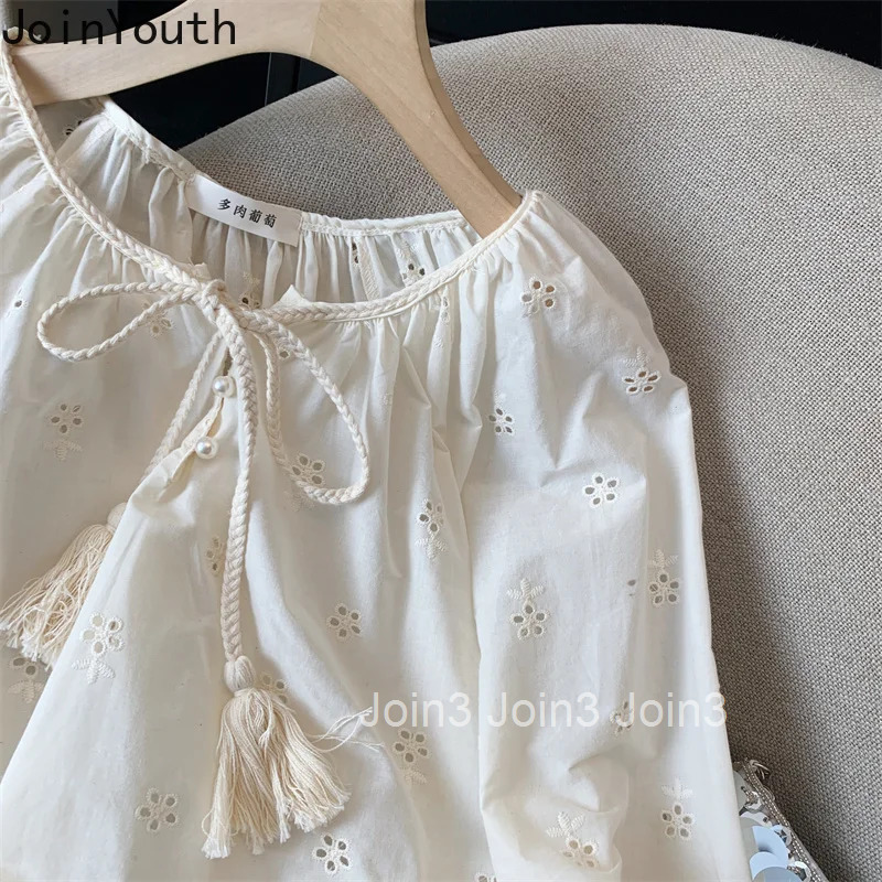 2025 Blusas Mujer De Moda Fashion Blouses for Women Bandage Summer Loose Shirts Hollow Out Vintage Korean Blouse Tops Female