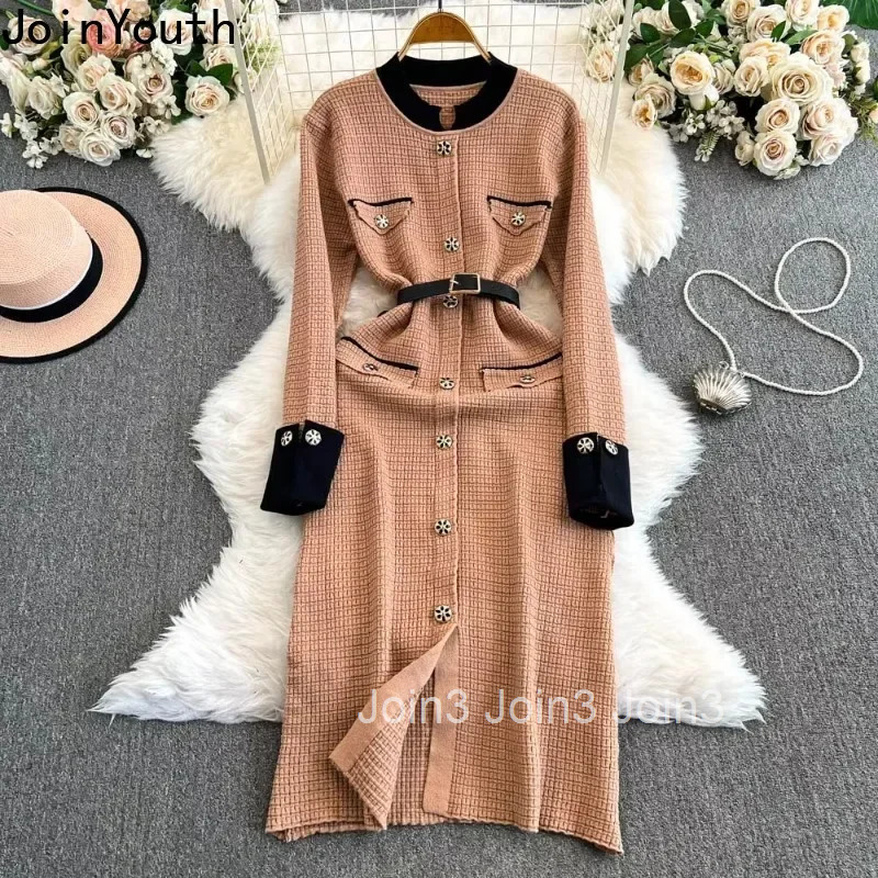 Vintage Knit Dress for Women High Waist Elegant Fashion Korean Vestidos De Mujer Bodycon Robe Femme Long Sleeve Bandage Dresses