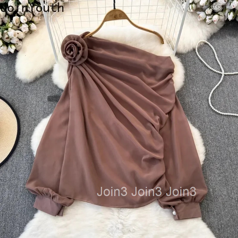 Chiffon Blouse Women 3D Floral Long Sleeve Off Shoulder Shirts 2025 Blusas Mujer De Moda Chic Looe Solid Color Sexy Blouses Tops