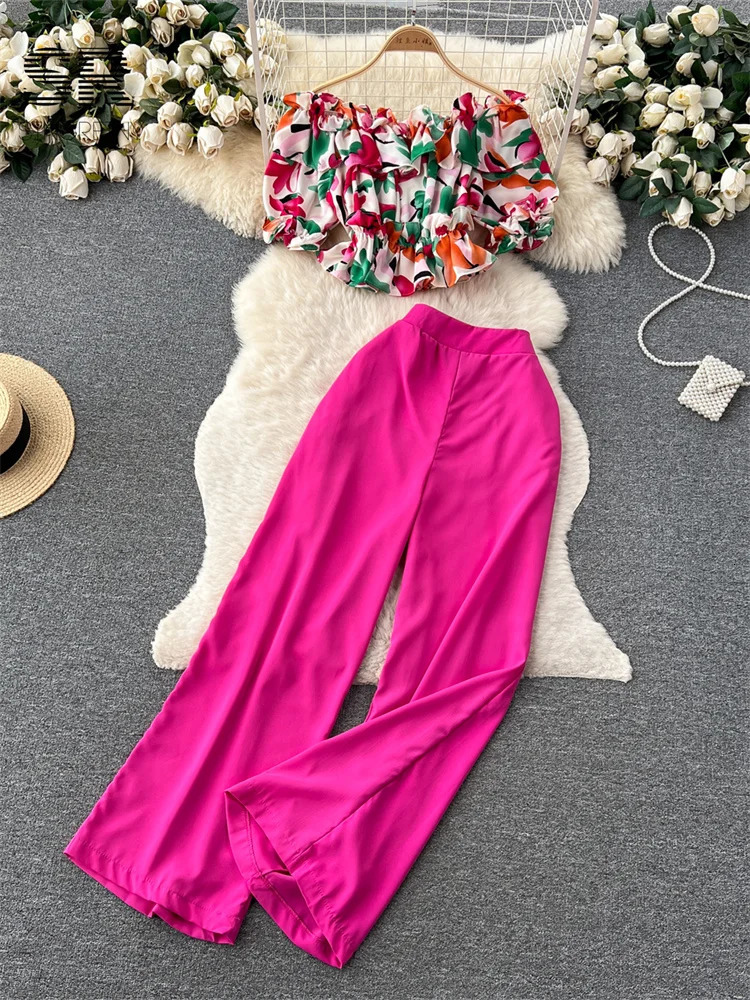 SINGREINY Fashion Two Piece Sets Women Ruffles Floral Print Shirt Elastic Waist Wide Leg Long Pants Korean Slim Summer Suit 250617