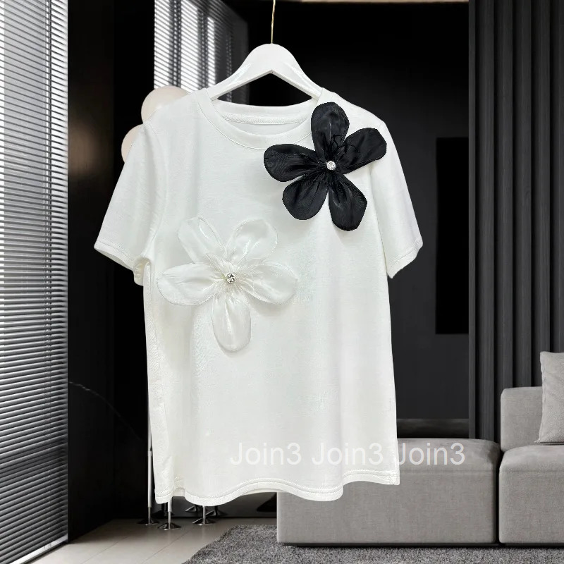 White Woman Tshirts Y2k Tops Short Sleeve O-neck Tees 2025 Ropa Mujer Casual Fashion Loose Camisetas 3D Floral Summer T-shirt