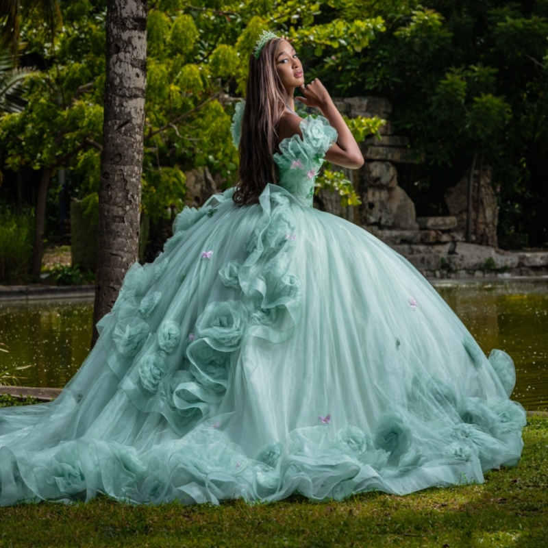 Green Quinceanera Dresses Ball Gown Off The Shoulder Bow Flower Beads Tull Corset Sweet 16 Dress Vestidos 15 De Anos