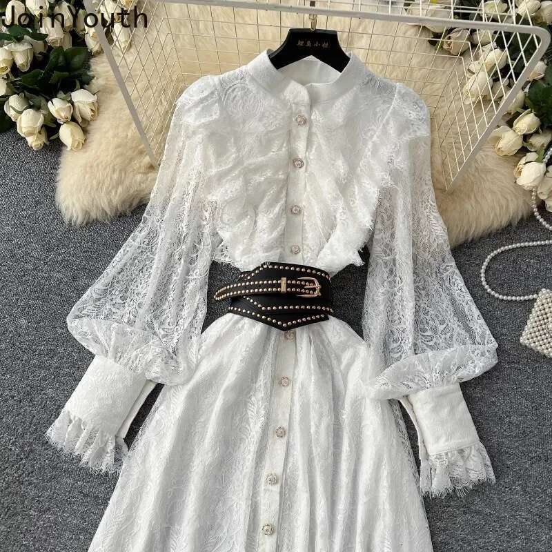 Single Breasted Vintage Woman Dress Slim Waist Robe Femme Patchwork Lace Lantern Sleeve Stand Neck Maxi Dresses Vestido Femme