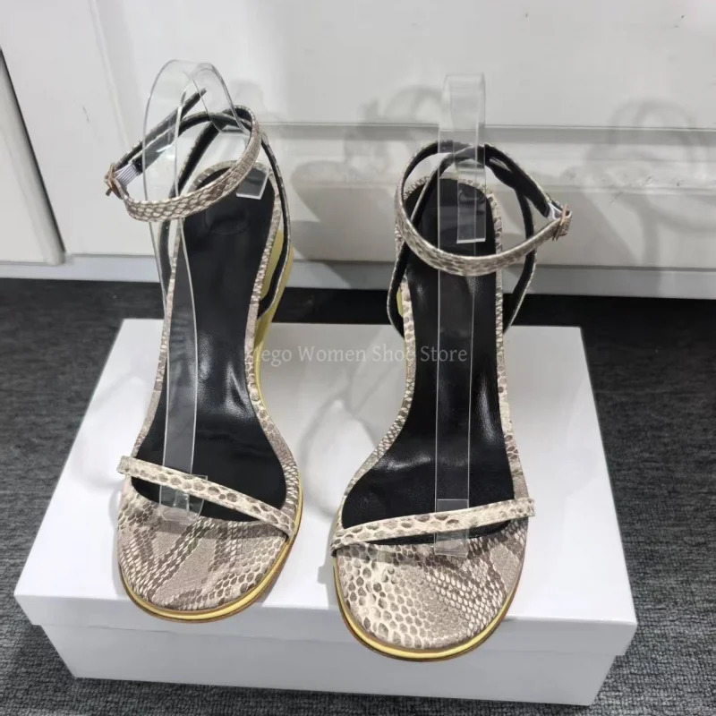 Narrow Band Stiletto Strange Heels Sandals Women Snake Skin Pattern Ankle Strap Sandal Genuine Leather High-End Shoes 250617