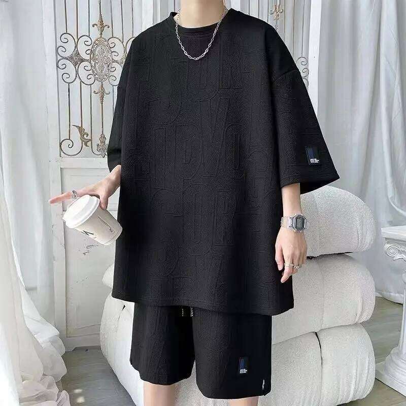 2025 3D New Waffle Tz30 Summer Casual T-Shirt + Shorts Suit Men's Tracksuit Solid Color Tracksuit Loose Suit