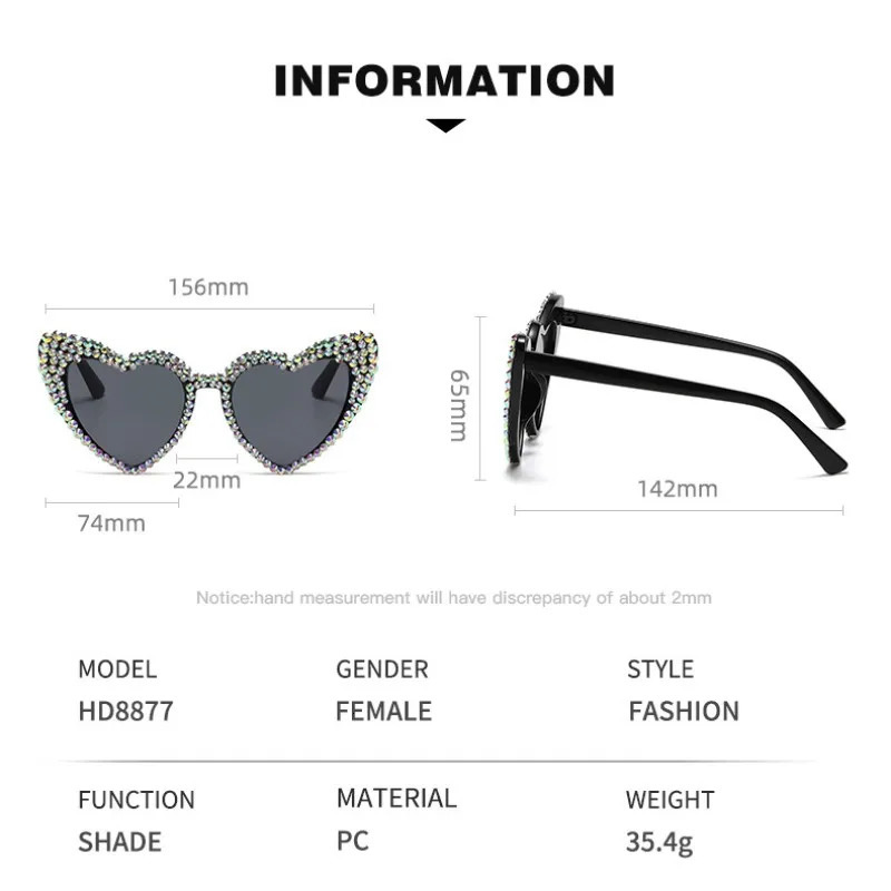 KLASSNUM Women Diamond Frame Heart Shape Sunglasses Large Anti UV400 Sun Glasses for Ladies Year Party Eyewear 250617