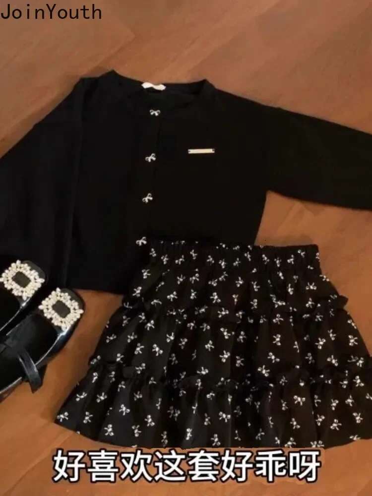 Two Piece Sets Womens Outfits Roupas Femme Knit Cropped Sweater Coat High Waist Floral A-line Skirt Suit Chic Sweet Skirts Set