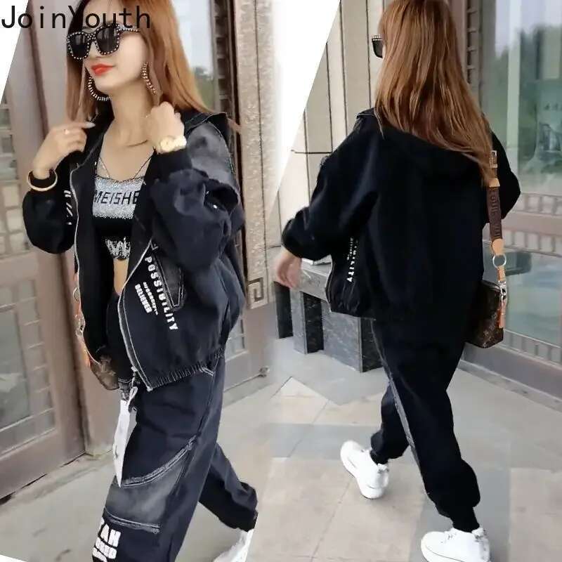 Womens 2 Piece Clothes Sets Fashion Jeans Denim Coat Clothes Oversized Hooded Jacket Pants Outfits Korean Women Two Piece Set